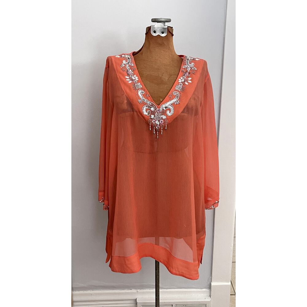 Soft Surroundings Sz L Embellished TunicTop Orange Sheer Boho Cruise Coastal